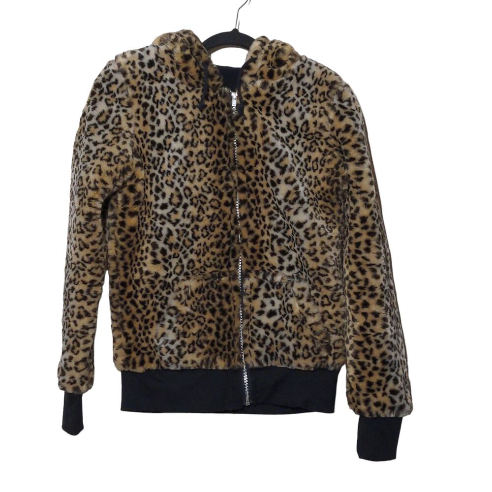 Moussy Hoodie Jacket Brown Beige Black Leopard Print Long Sleeve Zip Pockets F